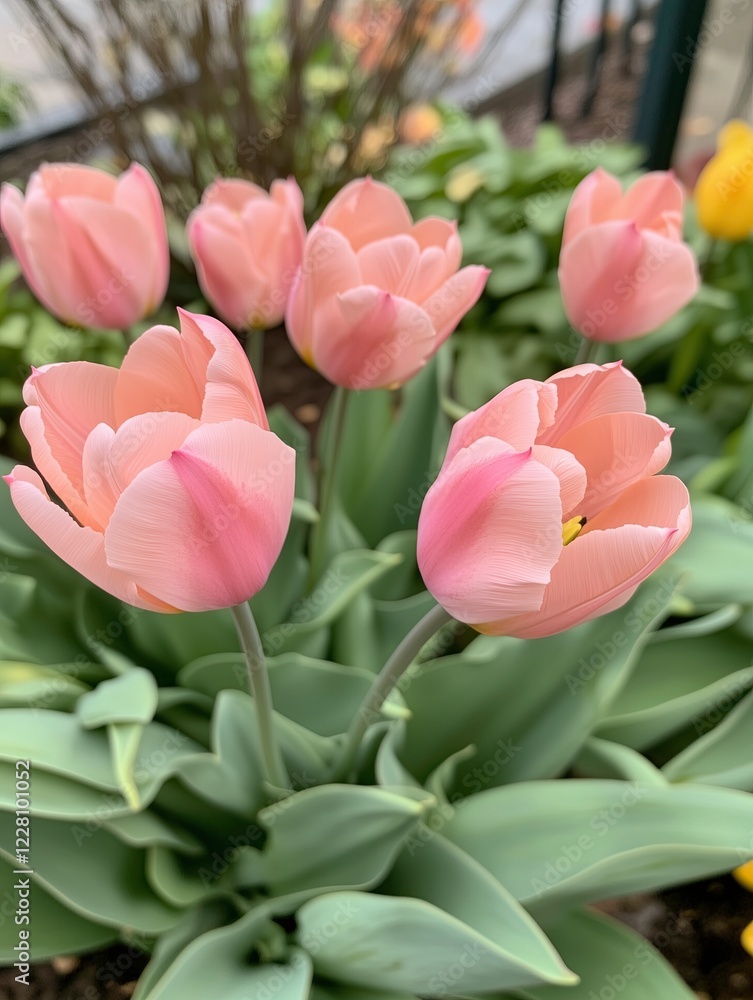 Delicate pink tulips in full bloom with fresh green leaves in natural daylight setting Delicate pink tulips in full bloom with fresh green leaves in natural daylight setting