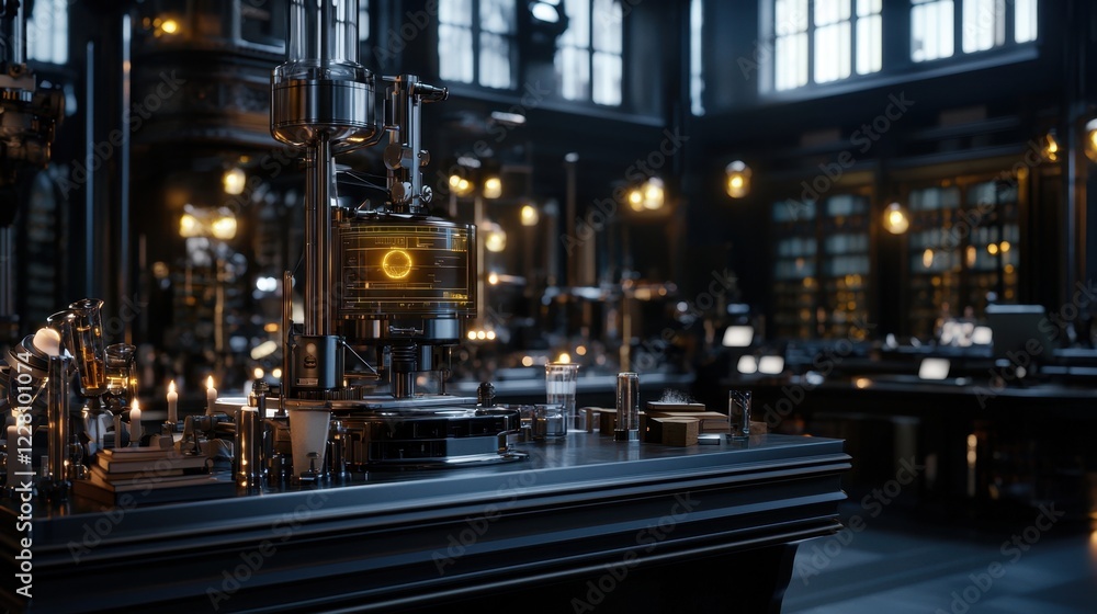 A dark room with a table in the center with a glowing object on it A dark room with a table in the center with a glowing object on it