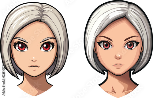 Vector illustration of two young women with white hair and red eyes, showing different facial expressions