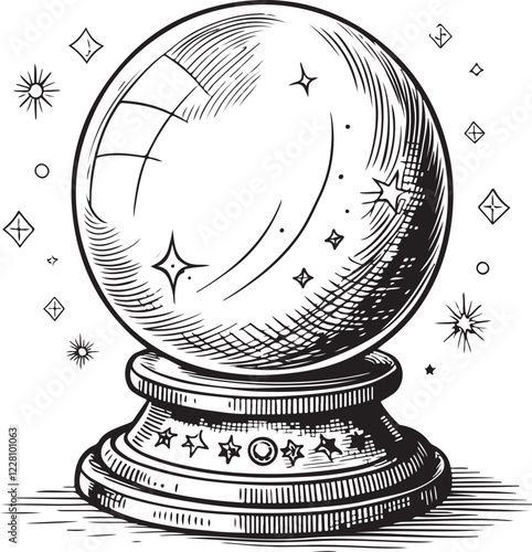 Crystal Ball of Fortune Teller Psychic Magic Witchcraft Reading Future Linear Sketch Drawing Hand Drawn Black and White Engraving Vector Illustration Isolated on White Background