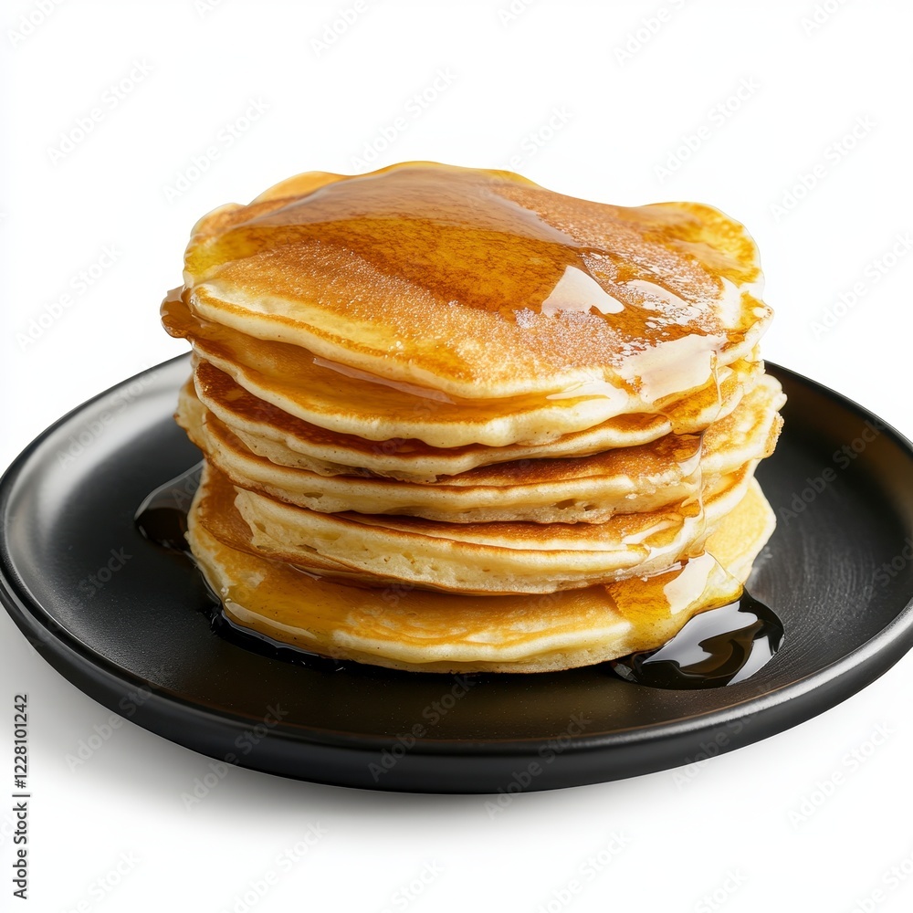 Stack of golden pancakes on a sleek black plate, inviting breakfast scene against a clean white backdrop, deliciously appealing and warm Stack of golden pancakes on a sleek black plate, inviting breakfast scene against a clean white backdrop, deliciously appealing and warm