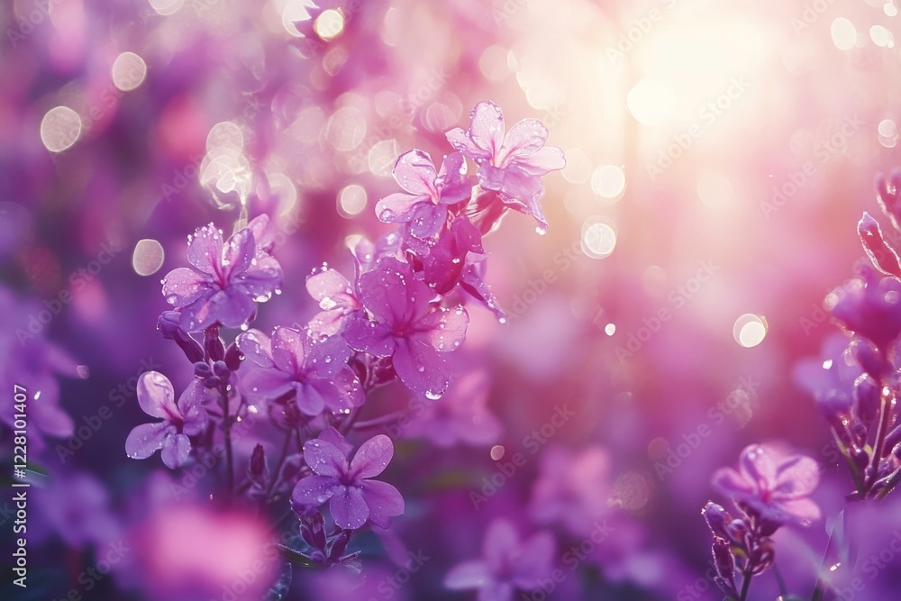 Close-up of thyme flowers with dew drops, surrounded by a dreamy, soft-focus background of purple hues and bokeh effects Close-up of thyme flowers with dew drops, surrounded by a dreamy, soft-focus background of purple hues and bokeh effects