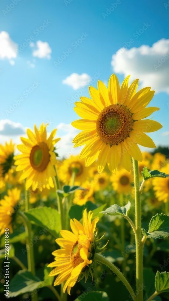 Fototapeta premium landscape field of sunflower agriculture blue sky background with white cloud, summer nature, farming, autumn harvesting, Ukraine