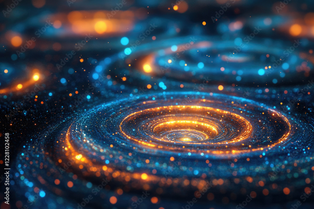 Abstract swirling galaxy with blue and orange glowing particles, creating a mesmerizing cosmic effect. Abstract swirling galaxy with blue and orange glowing particles, creating a mesmerizing cosmic effect.