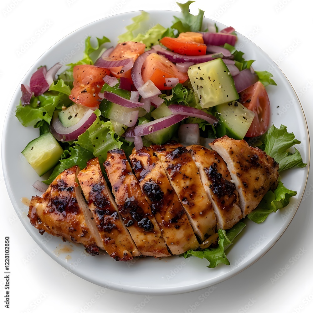 Grilled chicken salad lunch plate, vegetables, white background, healthy meal Grilled chicken salad lunch plate, vegetables, white background, healthy meal
