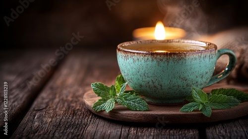 A steaming cup of motherwort tea sits on a wooden surface, surrounded by fresh mint leaves and a softly glowing candle in the background photo