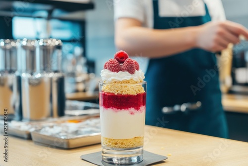 A colorful raspberry dessert is presented on a wooden surface with a chef in the background photo