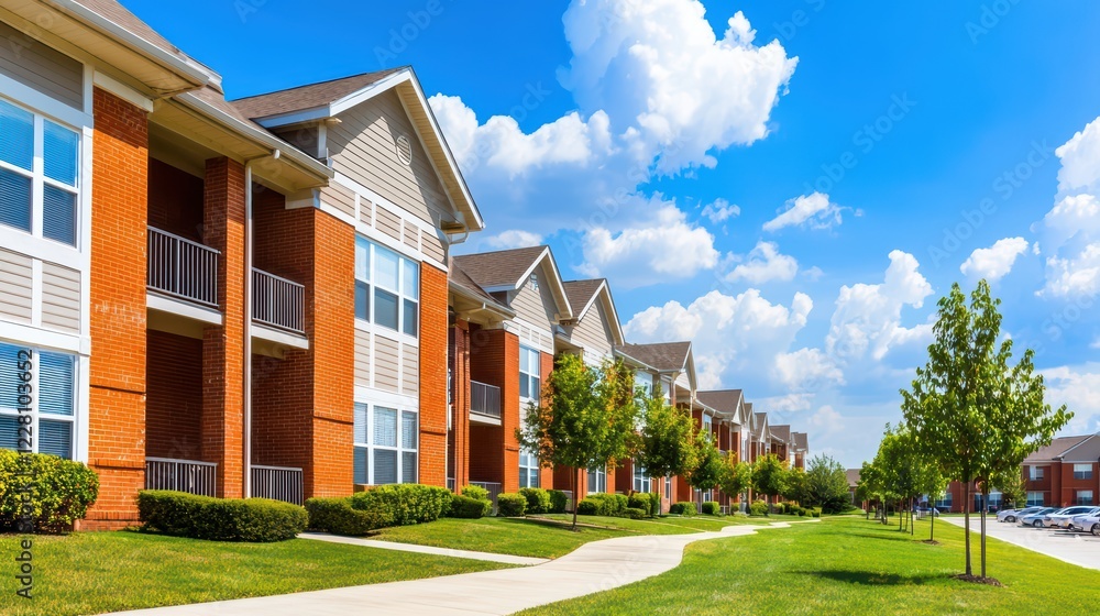 Fototapeta premium Modern Apartment Complex With Lush Greenery and Clear Blue Sky