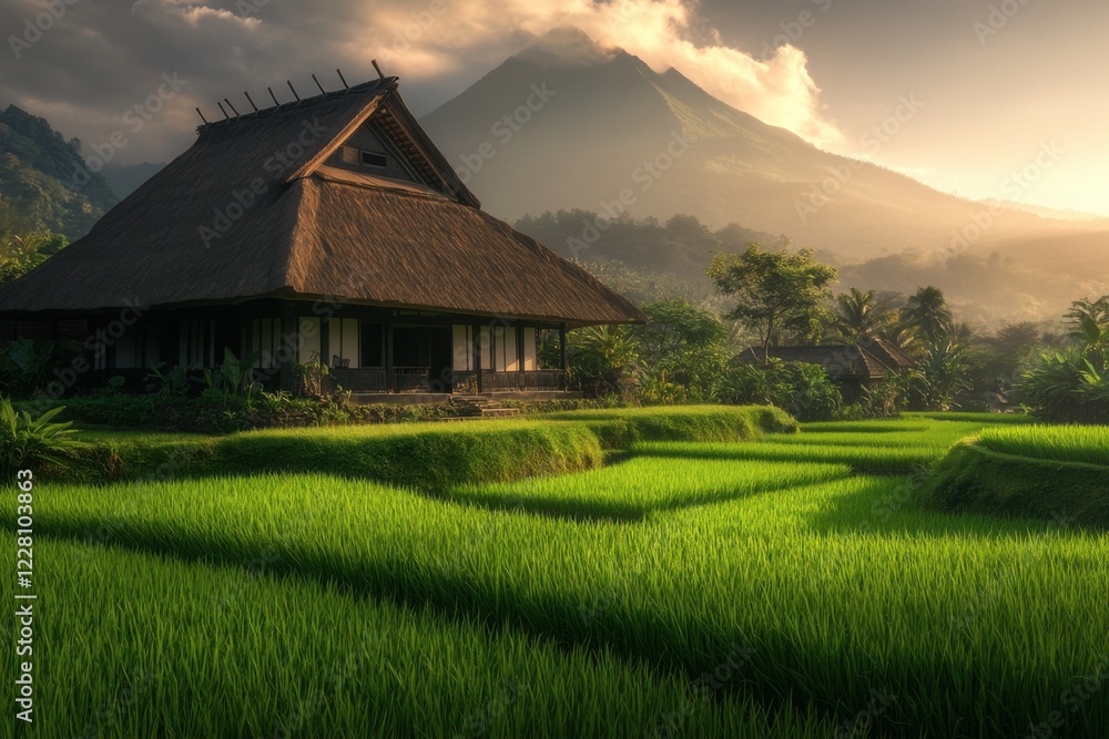 Traditional wooden house with a thatched roof surrounded by lush green rice fields and tropical vegetation, with a majestic volcano in the background under warm golden sunlight Traditional wooden house with a thatched roof surrounded by lush green rice fields and tropical vegetation, with a majestic volcano in the background under warm golden sunlight