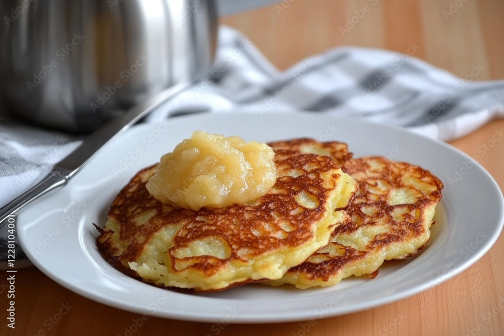 Crispy potato pancakes sit on a plate topped with sweet apple sauce, ready to be enjoyed Crispy potato pancakes sit on a plate topped with sweet apple sauce, ready to be enjoyed