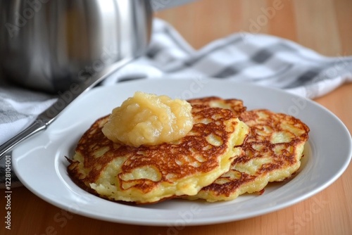 Crispy potato pancakes sit on a plate topped with sweet apple sauce, ready to be enjoyed photo