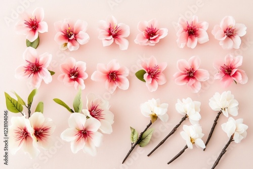 Cherry blossoms are artfully arranged in diverse shades and sizes for visual appeal