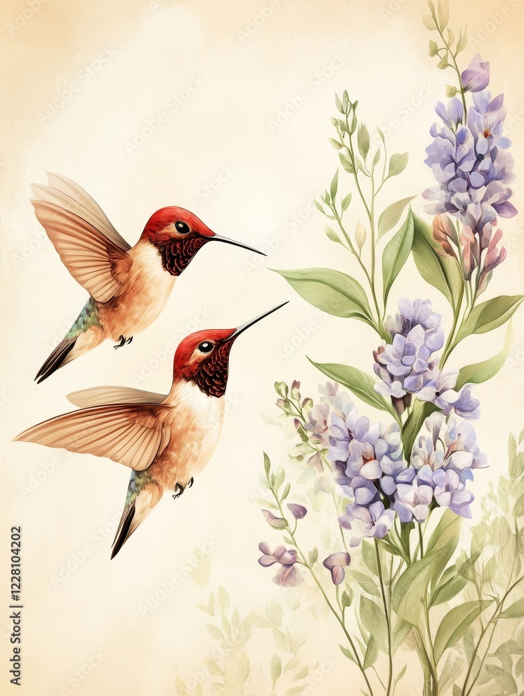 Naklejka premium Two hummingbird hovering near delicate purple flower in a serene, artistic botanical setting