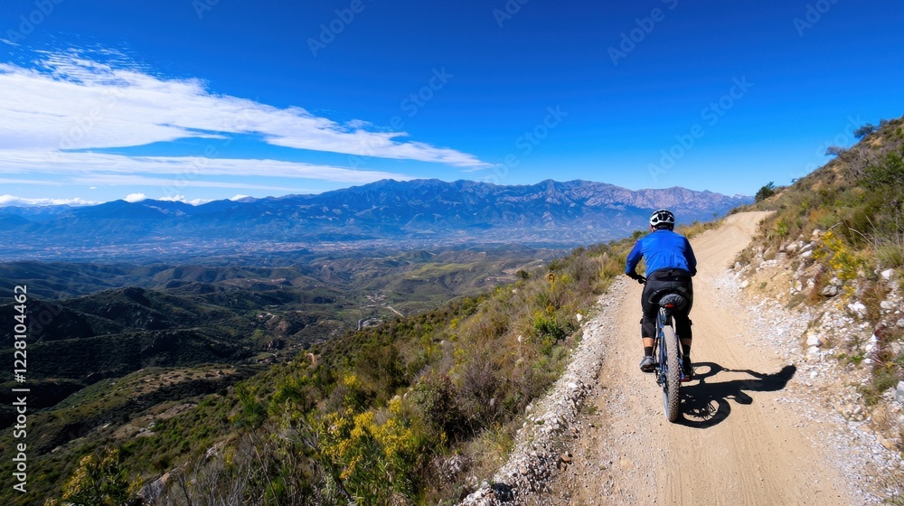 A man is riding a bike on a dirt road with a beautiful view of the mountains in A man is riding a bike on a dirt road with a beautiful view of the mountains in