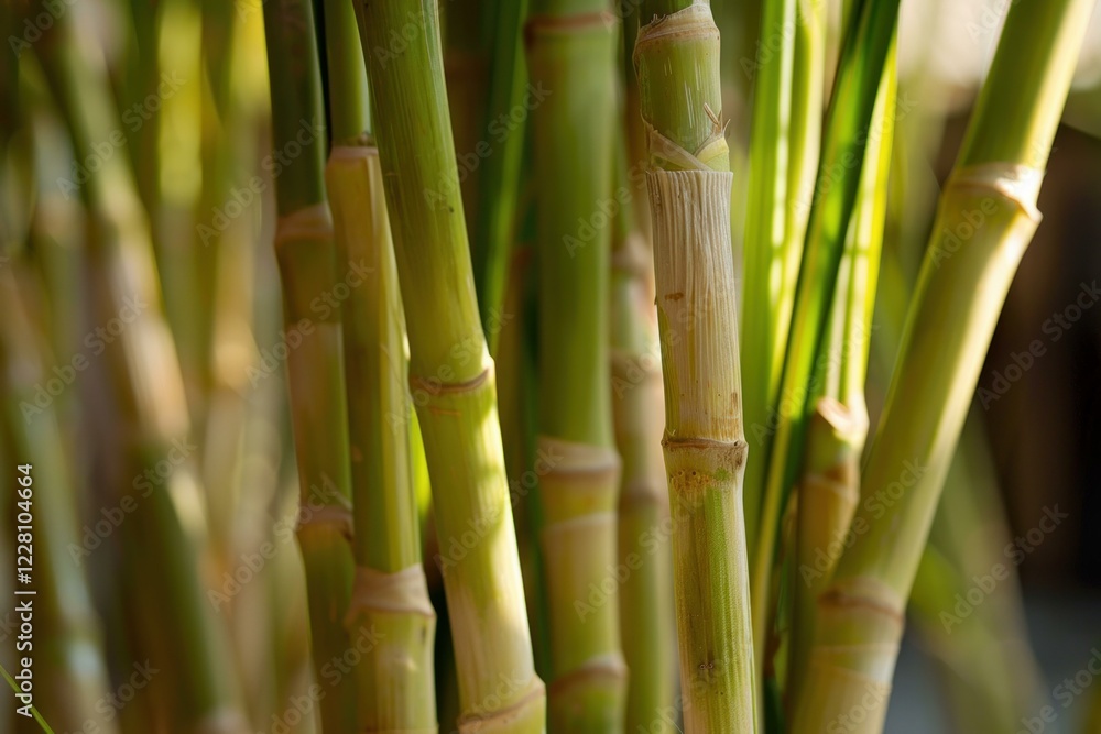 Fototapeta premium Bamboo stalks are growing close together, sunlight illuminating their green and tan colors