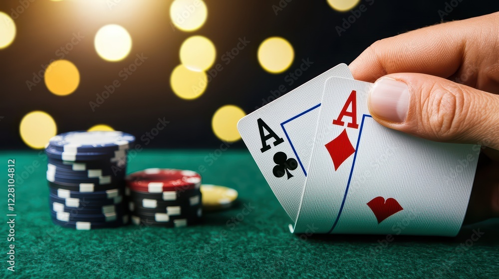 Obraz premium Close-Up of Playing Cards and Poker Chips on Green Table