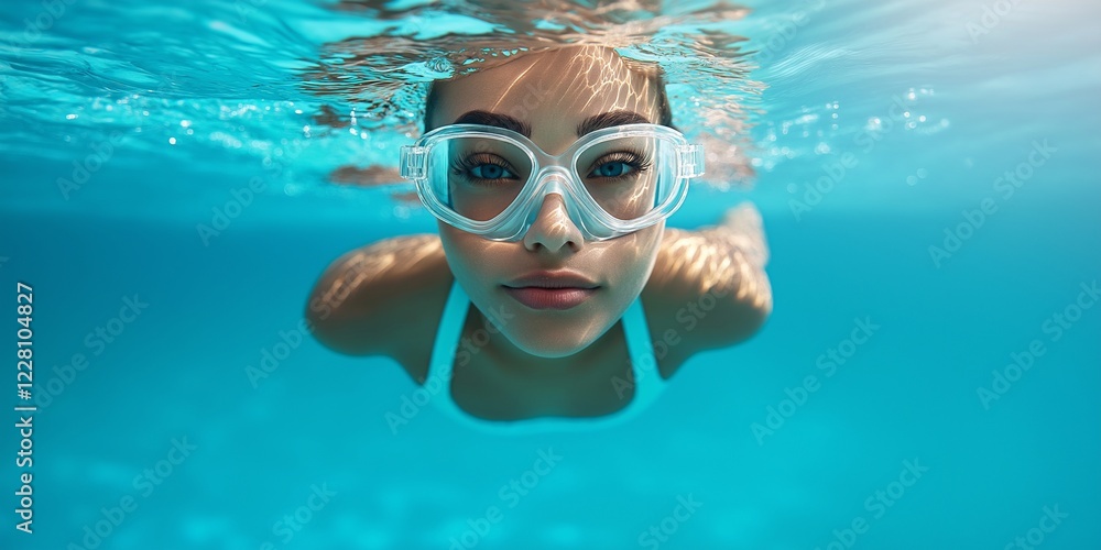 Fototapeta premium A young woman swims gracefully beneath the surface of crystal clear water, showcasing a joyful and adventurous spirit in a peaceful aquatic environment.
