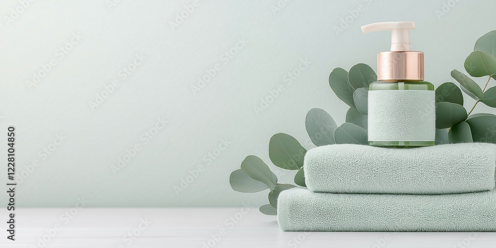 A calming arrangement with a glass pump bottle resting on soft towels, surrounded by green foliage. The aesthetic highlights simplicity and natural beauty in a serene environment. A calming arrangement with a glass pump bottle resting on soft towels, surrounded by green foliage. The aesthetic highlights simplicity and natural beauty in a serene environment.