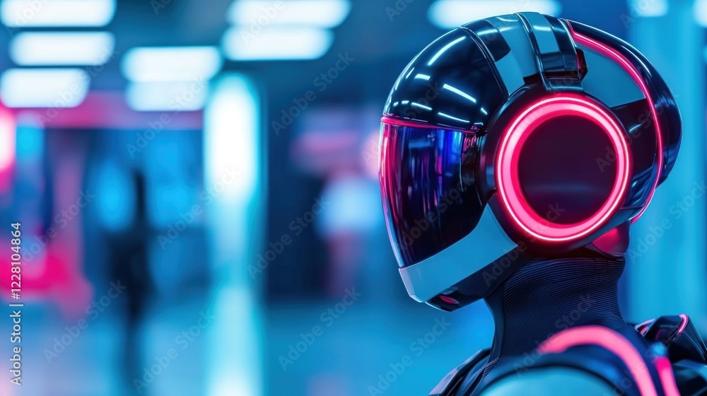 A figure in a glowing helmet and suit is showcased in an illuminated urban area at night A figure in a glowing helmet and suit is showcased in an illuminated urban area at night