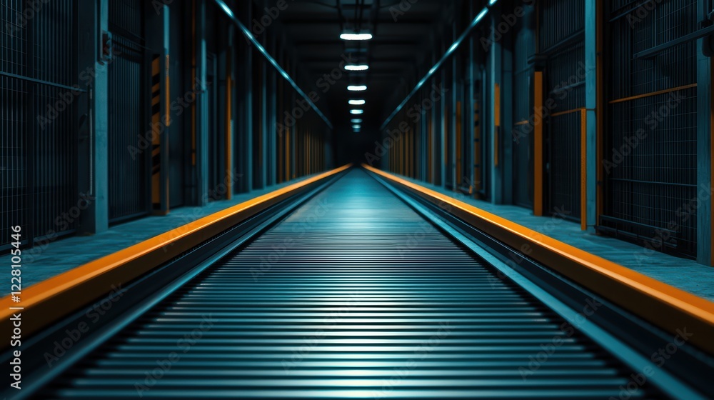 Fototapeta premium Dark Industrial Train Station with Metal Tracks and Neon Lights