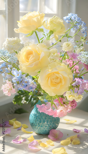 easter table setting with flowers, Pastel Floral Bouquet In Turquoise Vase With Natural Light
