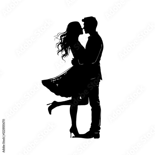 Silhouette of a couple sharing a romantic embrace, the woman in heels and flowing dress, on a white background, love concept. Valentine's day, wedding illustration.