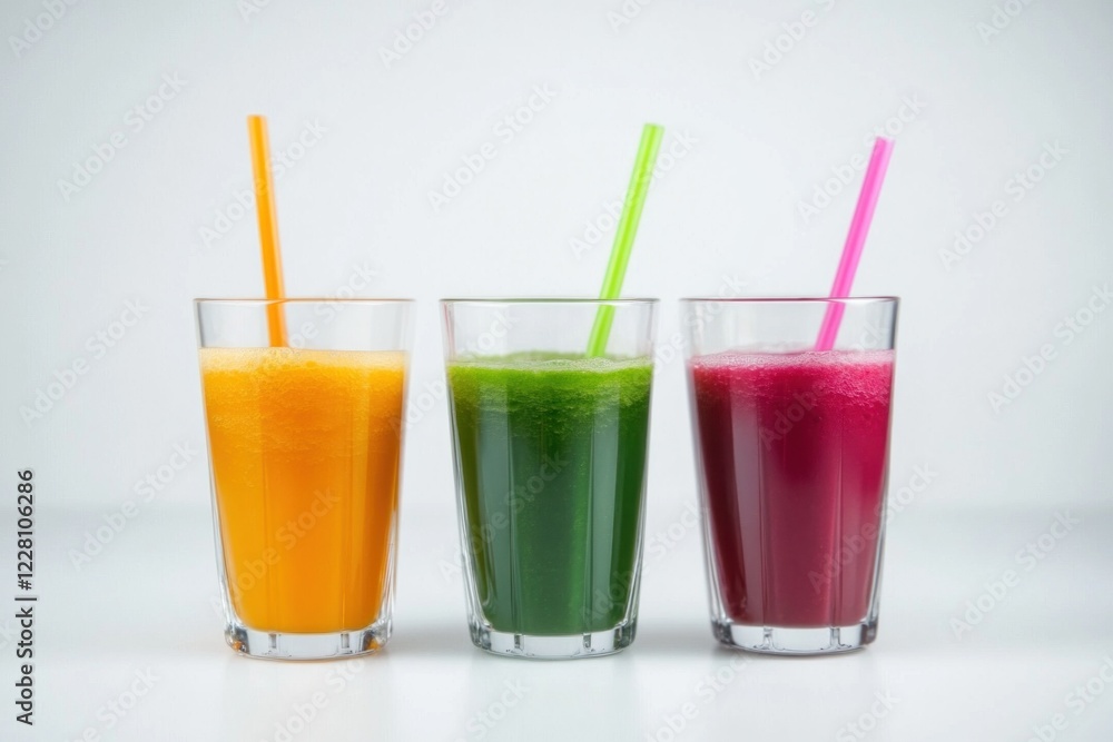 Three tall glasses filled with colorful juices stand on a light surface, each topped with a straw. Banner with copy space Three tall glasses filled with colorful juices stand on a light surface, each topped with a straw. Banner with copy space