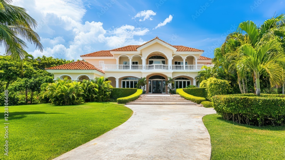 Obraz premium Elegant Tropical Villa Surrounded by Lush Greenery and Blue Sky
