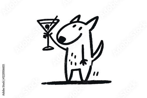 Hand-drawn funny bull terrier  with martini 
