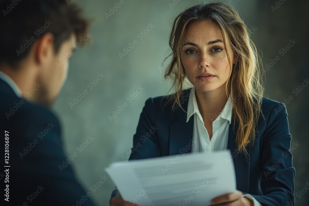 A young businesswoman attentively reviews documents during a serious business meeting, showing professionalism and focus. A young businesswoman attentively reviews documents during a serious business meeting, showing professionalism and focus.