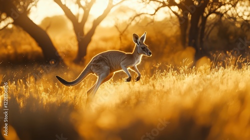 The powerful leap of a wild kangaroo in the outback field highlights the essence of wildlife in its natural habitat. photo