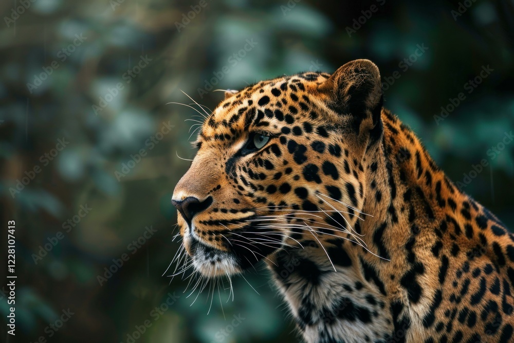 Majestic leopard with intense gaze amidst a backdrop of vibrant green foliage Majestic leopard with intense gaze amidst a backdrop of vibrant green foliage