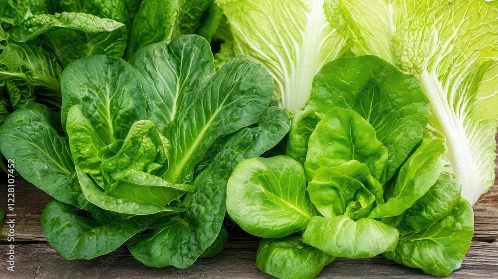 Fototapeta premium Fresh Green Lettuce Varieties on Wooden Table Background