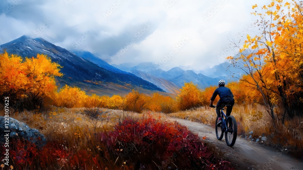 Obraz premium A man is riding a bike on a trail in the mountains