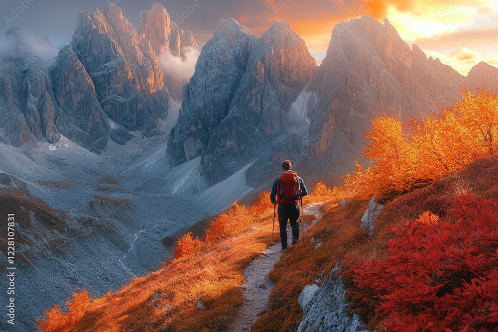 A lone hiker ascends a mountain trail amidst breathtaking autumnal scenery and majestic peaks at sunset. A lone hiker ascends a mountain trail amidst breathtaking autumnal scenery and majestic peaks at sunset.