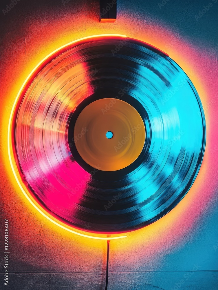 Electric neon sign of a vinyl record with vibrant colors. Ideal for music lovers, as home decoration or bar lighting. Electric neon sign of a vinyl record with vibrant colors. Ideal for music lovers, as home decoration or bar lighting.