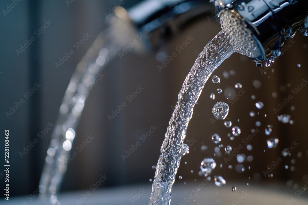 Water pouring from a kitchen sink faucet, with bubbles and splashing water droplets visible. Water pouring from a kitchen sink faucet, with bubbles and splashing water droplets visible.