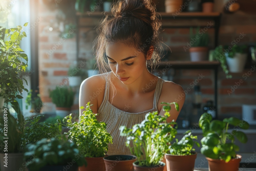 A young woman tending to her flourishing indoor herb garden, bathed in sunlight. A young woman tending to her flourishing indoor herb garden, bathed in sunlight.