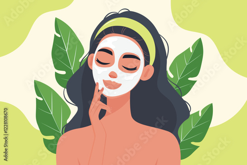 Self Care Glow Girl with a Face Mask Enjoying a Relaxing Beauty Ritual flat vector illustration