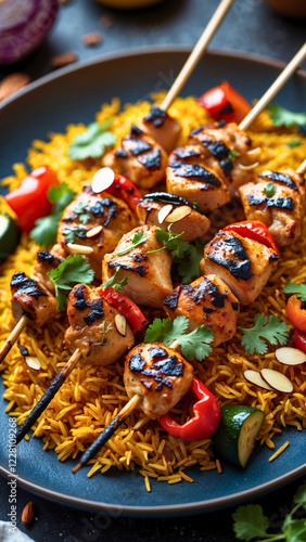 Grilled chicken kebabs perfectly skewered, with tender, charred pieces of chicken marinated in a fragrant blend of spices, golden with hints of saffron. The kebabs are served over a bed of vibrant saf photo