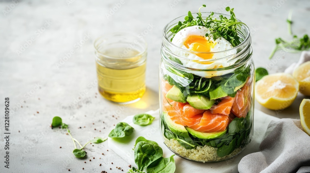 Healthy layered salad with salmon, spinach, cucumber, and a soft-boiled egg in a jar on a kitchen countertop Healthy layered salad with salmon, spinach, cucumber, and a soft-boiled egg in a jar on a kitchen countertop