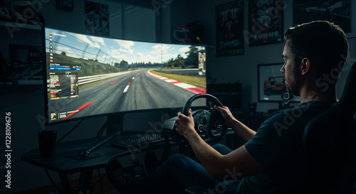 Professional Racing Simulator Setup with Curved Display in Dark Gaming Room