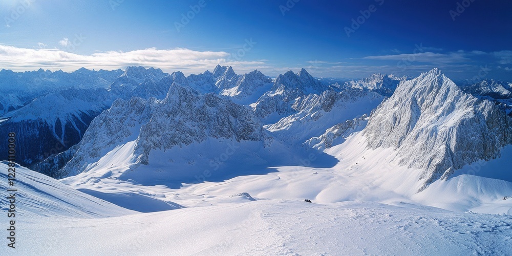 Naklejka premium A breathtaking view of a mountain peak covered in snow. Captures the stark contrast between the harsh winter conditions and the stunning natural beauty of the alpine landscape.