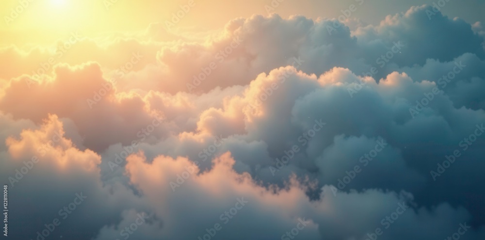 Softly falls rain on misty sky with fluffy clouds, warm light, clouds, misty Softly falls rain on misty sky with fluffy clouds, warm light, clouds, misty
