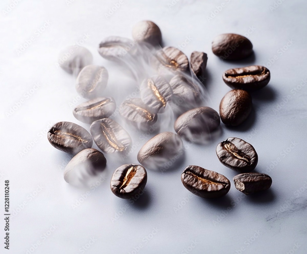 Freshly roasted coffee beans scattered on a marble surface with steam rising in the early morning light Freshly roasted coffee beans scattered on a marble surface with steam rising in the early morning light