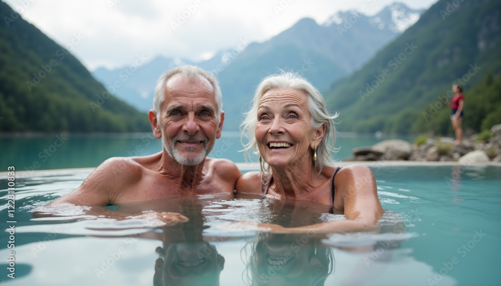 Elderly couple enjoying a happy moment together in a tranquil mountain lake surrounded by nature under a cloudy sky Elderly couple enjoying a happy moment together in a tranquil mountain lake surrounded by nature under a cloudy sky