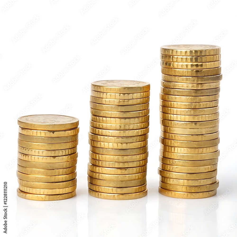 three stacks of golden coins money growth concept isolated on white background three stacks of golden coins money growth concept isolated on white background
