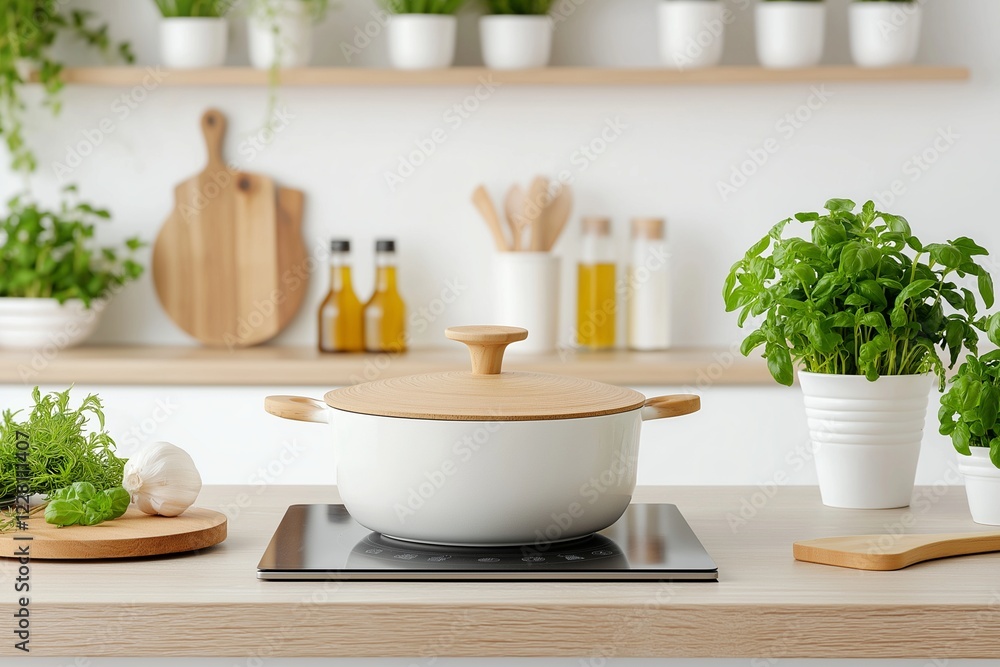 A well-organized kitchen displays a white cooking pot on a stove, surrounded by vibrant herbs and cooking oils on shelves, reflecting a cozy cooking environment. A well-organized kitchen displays a white cooking pot on a stove, surrounded by vibrant herbs and cooking oils on shelves, reflecting a cozy cooking environment.