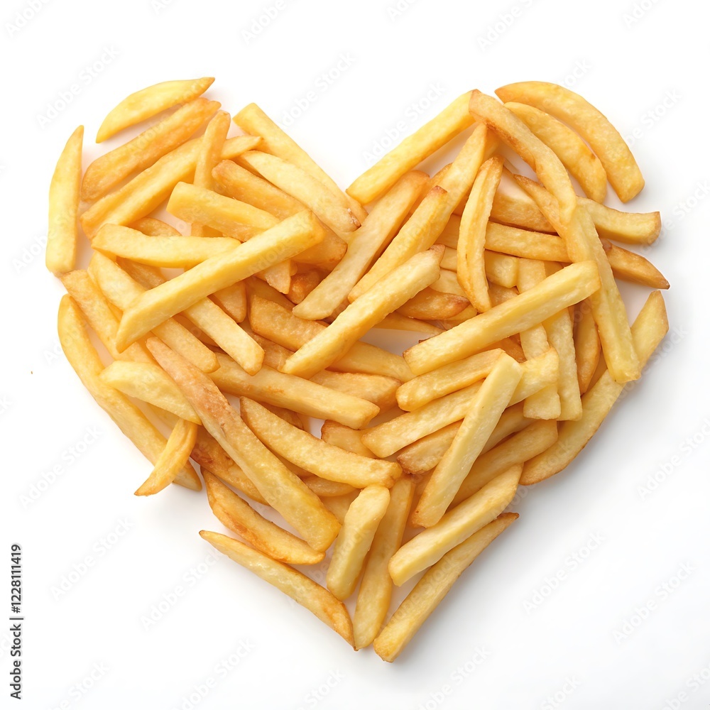 Golden French fries in heart shape isolated on white background Golden French fries in heart shape isolated on white background