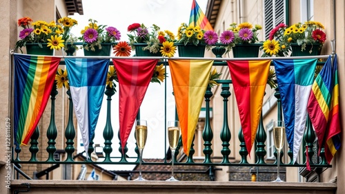 small balcony decorated with vibrant flowers and rainbow flags with champagne glasses on the balustrade for use in celebration and inclusivity themes